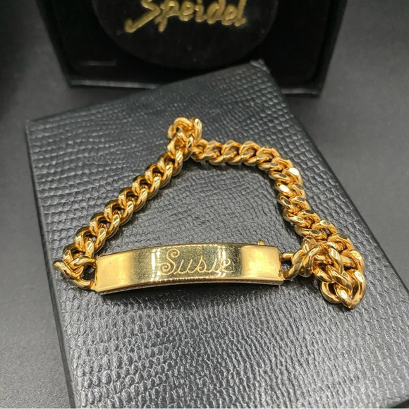 Speidel Gold Plated ID Bracelet Engraved Susie with Wide Cable Link Chain - Picture 7 of 11